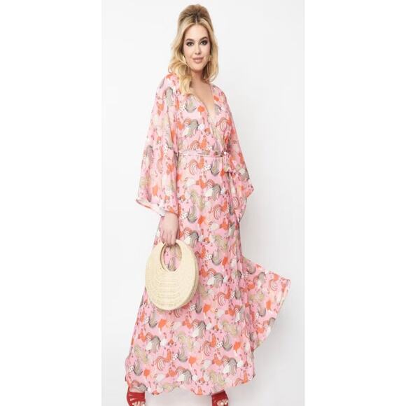 Unique Vintage Pink Rooster Print Wrap Maxi Dress 3X 20 NWOT - Picture 3 of 6